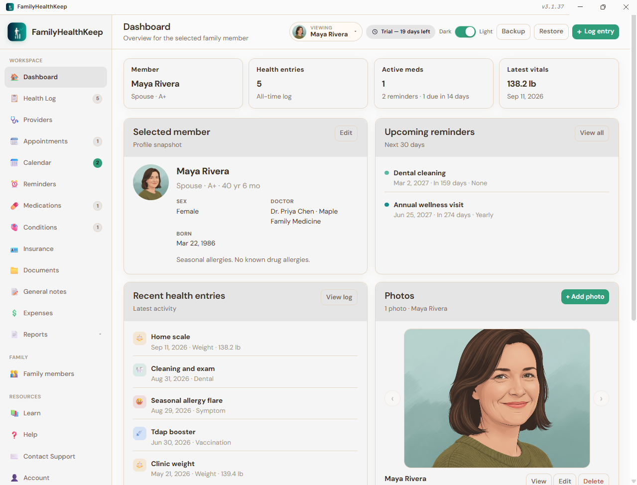 FamilyHealthKeep dashboard with selected-member snapshot, reminders, health log, and photos