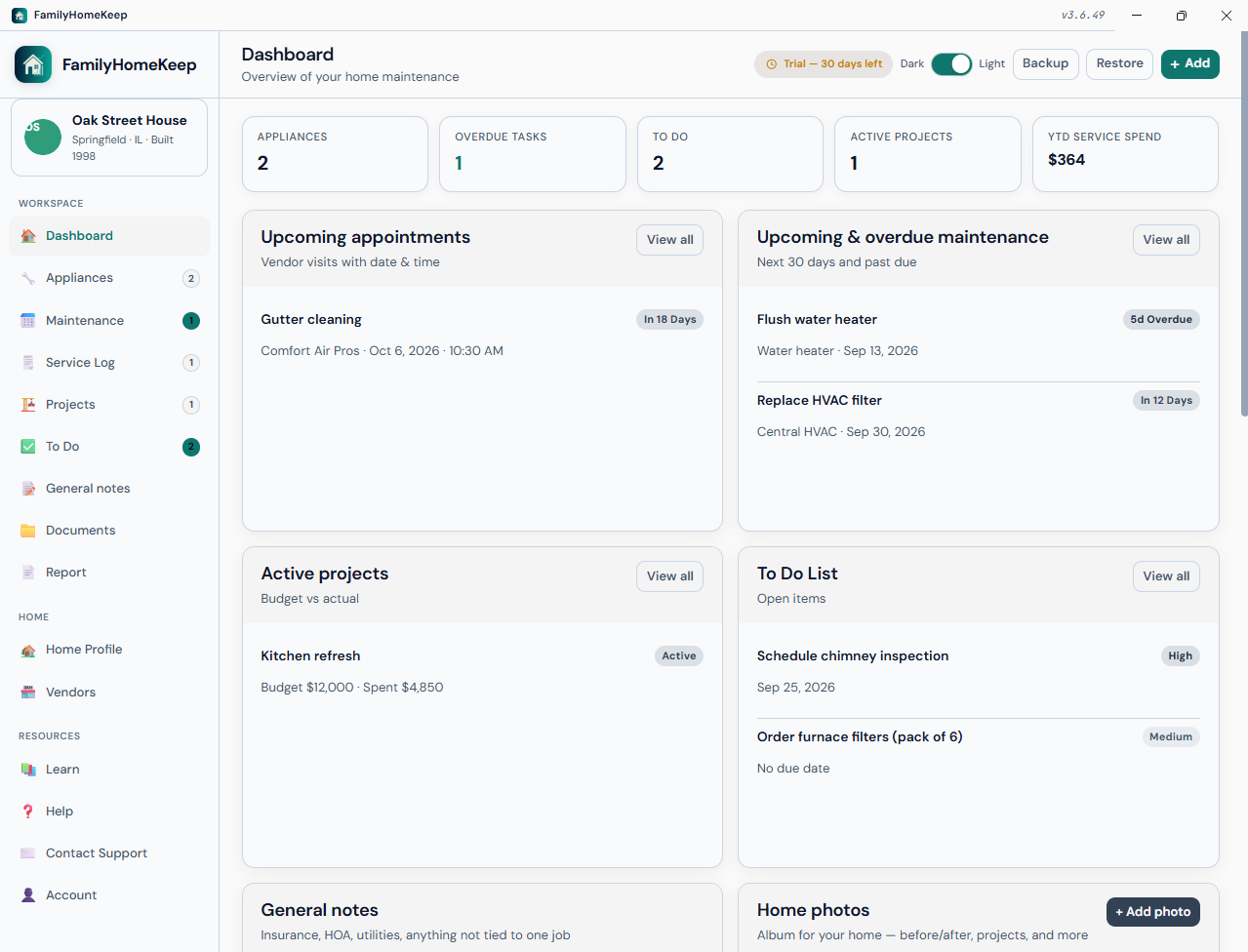 FamilyHomeKeep dashboard with maintenance overview, appointments, projects, and photos